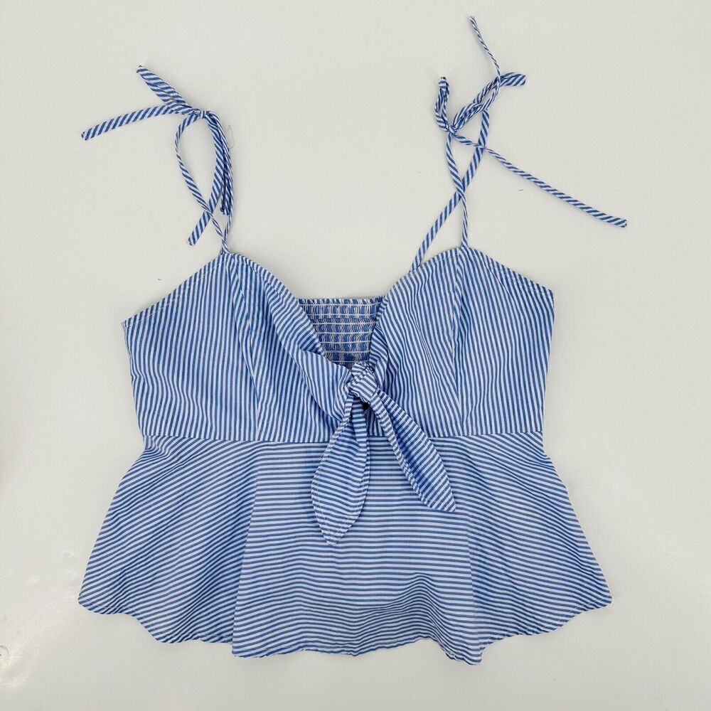 Maeve by Anthropologie Knot Front Peplum Tank Top Tie Strap Striped Blue Size 8 - Picture 3 of 10